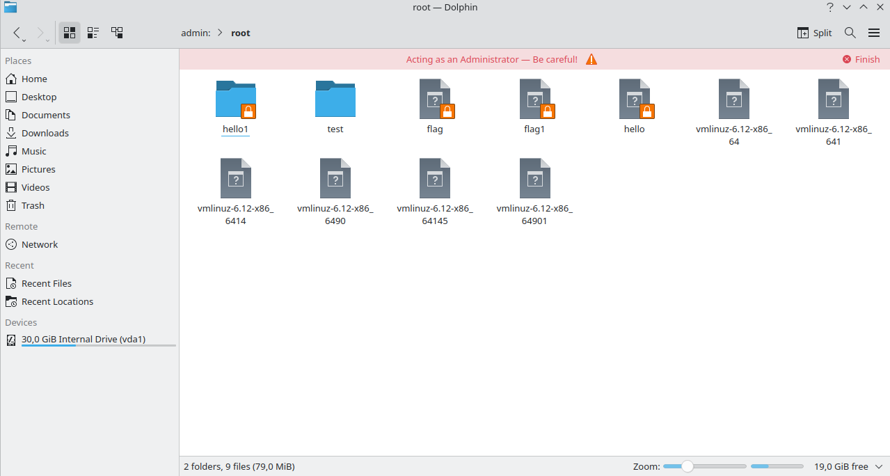 Dolphin in admin mode browsing /root/