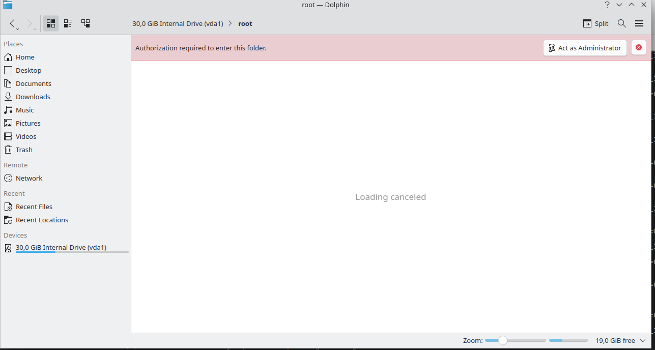 Dolphin showing authorization required for /root/
